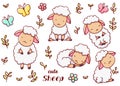 Set cute kawaii hand drawn sheep doodles, isolated on white background, clipart