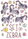 Set cute kawaii hand drawn zebra doodles, isolated on white background, clipart