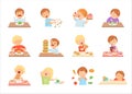 Set of cute kids do not like vegetables and enjoying eating of fast food cartoon vector Illustration Royalty Free Stock Photo