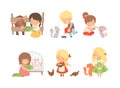 Set of cute kids feeding baby animals. Little boys and girls caring of kitten, puppy, calf, chicken, rabbit cartoon