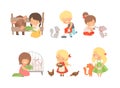 Set of cute kids feeding baby animals. Little boys and girls caring of kitten, puppy, calf, chicken, rabbit cartoon Royalty Free Stock Photo