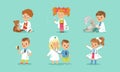 Set of Cute Kids Playing Doctors, Cheerful Little Boys and Girls Examining and Treating their Patients with Medical Royalty Free Stock Photo