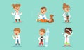 Set of Cute Kids in White Coats Playing Doctors, Cheerful Little Boys and Girls Examining and Treating their Patients