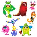 Set of cute kind smiling animated monsters isolated on white background. Vector cartoon close-up illustration.