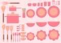 Set of cute kitchenware on pink backgrounds,Vector