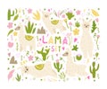 Set with cute lama, plants, cacti. Llamas for decorating children\'s prints, rooms, clothes, postcards, albums.