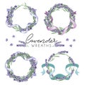 Set of cute lavender wreaths. Provence style floral design. Vector lavender flowers isolated on white background