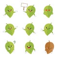 Set of cute leaf cartoon characters with various activities