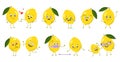 Set of cute lemon characters with emotions, faces, arms and legs. Happy or sad heroes, citrus fruits play, fall in love