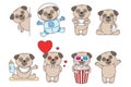 Set of cute linear pugs isolated on white backround.Pug in love, in space and with popcorn. Adorable pet dogs for cards, prints e Royalty Free Stock Photo