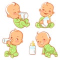 Set with cute little baby with bottle of milk.