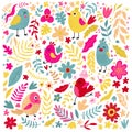 Set Of Cute Little Birds, Flowers And Herbs. Nature And Spring Print. Vector Illustration