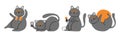 Set of cute little black cats . Hand drawn style . White isolated background . Vector