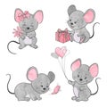 Set of cute little cartoon mice. Vector watercolor mouse collection.