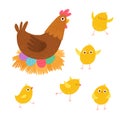 Set of cute little chickens with their mother. Easter scene. Cartoon vector hand drawn eps 10 illustration isolated on Royalty Free Stock Photo