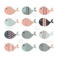 set of 12 cute little colored fish for design items for children isolated on a white background. Beautiful fish for