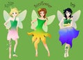 Set of cute little fairies in flower dresses isolated on green Royalty Free Stock Photo