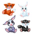 A set of cute little furry animated animals isolated on white background. Vector cartoon close-up illustration.