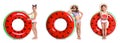 Set of cute little girl with inflatable rings on white