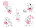 Set of cute little girl in pink clothes. Vector doodle illustration in pink colour for girlish designs like textile