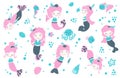 Set of cute little girls mermaids floating under water, fish, shells, bubbles, seahorse, octopus, starfish on a white background.