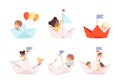 Set of cute little kids floating on paper boats. Happy kids dreaming of becoming sailors cartoon vector illustration