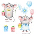 A set of cute little mice with balloons, flowers and gifts. Watercolor illustration. Royalty Free Stock Photo