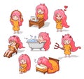 Set of cute little pink-haired baby girls, doing everyday things. Collection of kawaii cartoon characters. Doodle style. Royalty Free Stock Photo