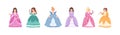 Set of cute little princess or fairy wearing elegant dress for royal ball vector flat illustration. Collection of girls