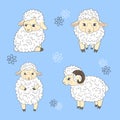 Set of cute little sheep isolate on blue Royalty Free Stock Photo