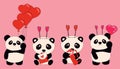 Set of Cute little sitting pandas holds hearts. Royalty Free Stock Photo