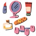 A set of cute little stickers with stylish illustrations. Fashionable cozy elements in the theme of beauty. Perfect for