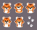 Set of cute little tiger cartoon animal stickers design flat vector illustration Royalty Free Stock Photo