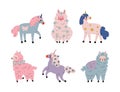 Set of cute magical unicorns and fluffy alpaca. Lovely animals, design for card, sticker, textile, t-shirt cartoon