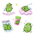 A set of cute marijuana characters. cannabis is funny. weed marijuana vector