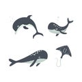 A set of cute marine animals - a whale and a sperm whale, a dolphin and a stingray. Vector illustration.