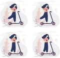 Set cute masks girls with coffee on scooters on blue background with plants vector flat illustration Royalty Free Stock Photo