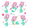 Set of cute mermaid characters isolated on white background. Kawaii mermaids with doodles for invitation, greeting card, poster e Royalty Free Stock Photo