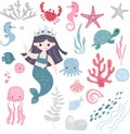 Set cute mermaid girls and undersea animals, crab, shells, seaweed and sea stars