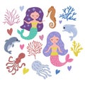 Set of cute mermaids, corals, dolphins, octopuses