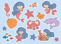Set of cute mermaids and sea elements, Dolphin, seashell, fishes