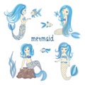 Set of cute mermaids. Vector illustration for little girls. Royalty Free Stock Photo