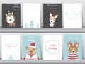 Set of cute Merry christmas background with cute animal and winter clothes,cute animal, Vector illustrations Royalty Free Stock Photo