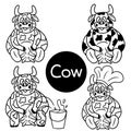 Set of cute milking spotted cows. Simple vector illustration in cartoon doodle style. Design of the symbol of happy new 2021 year