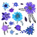 Set of cute monochromatic flowers in cartoon style. Elements for the design of textiles.