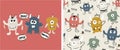 Set of cute monster print and seamless pattern with monsters.vector illustration