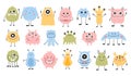 Set with cute monsters in flat style. Hand drawn kids monsters. vector illustration. Royalty Free Stock Photo