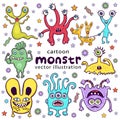 Set of cute monsters funny cartoon character, hand drawing. Collection multicolored scary hilarious fairy tale hero isolated on