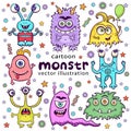 Set of cute monsters funny cartoon character, hand drawing. Collection multicolored scary hilarious fairy tale hero isolated on