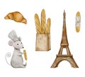 Set of cute mouse-baker eats a baguette, French baguettes in craft bag, croissant, Eiffel Tower. Hand drawn watercolor